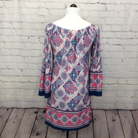 Mermaid Cove Shift Dress Women's Sm Peasant Style Bell Sleeves Geometric Beachy - Picture 10 of 10